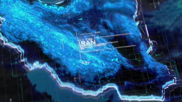 Map of Iran with futuristic HUD interface, geographical relief visualization