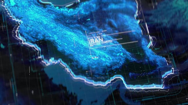 Digital map of Iran with HUD interface, topographic relief, modern technology