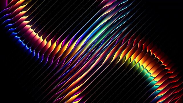 Colorful luminous rings shifting behind diagonal glass ribs while refractions create dance of color. Glowing multicolor converging shimmering rings slowly rotate and merge. Flow of geometry and light
