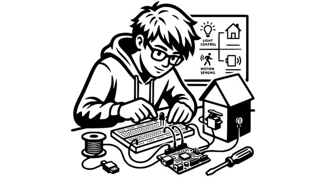 Boy Inventor Building Smart Home Device with Breadboard and Microcontroller