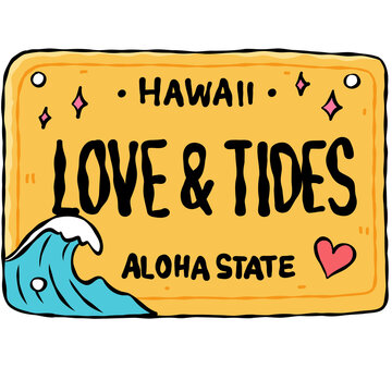 Colorful Hand Drawn Hawaiian License Plate Template Collection with Tropical Surf Summer Design