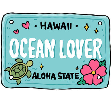 Colorful Hand Drawn Hawaiian License Plate Template Collection with Tropical Surf Summer Design