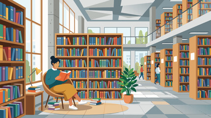 Woman reading book in modern public library interior with tall wooden bookshelves, bright natural light through windows, contemporary architecture, flat vector illustration for education © Ubaid