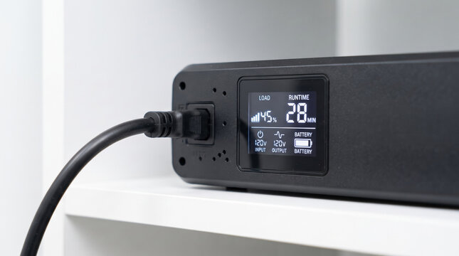 A modern power management device is charging, displaying a battery percentage of 45 and a remaining runtime of 28 minutes. The sleek design fits neatly on a shelf, ideal for home use.