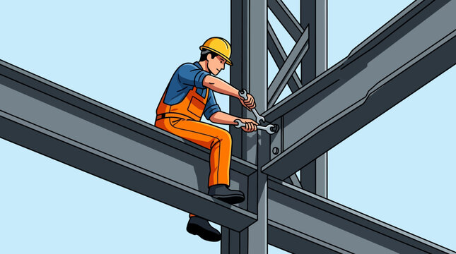 Skilled Construction Worker tightening bolts on a steel beam structure cartoon illustration. Ideal for industrial safety training and construction marketing.