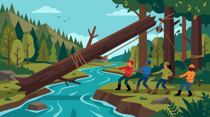 Team cooperation removing fallen tree trunk from blocked river stream in mountain forest landscape environmental conservation nature restoration adventure vector illustration © Ubaid