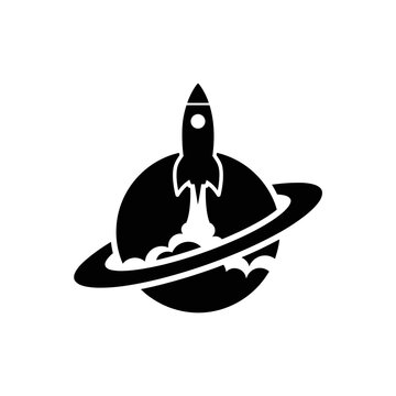 Rocket launching from a planet with a ring in minimalist black and white style