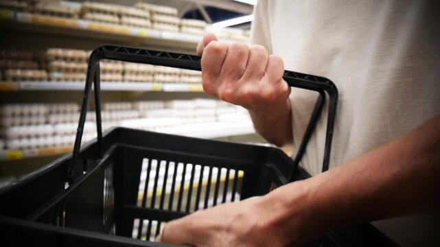 Close-up of a customer's hand putting a carton of eggs into a grocery basket in a supermarket egg aisle. Retail daily, grocery shopping and household lifestyle concept