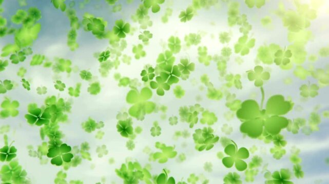 A multitude of green four leaf clovers floating through a bright sky with soft natural sunlight and bokeh effect.