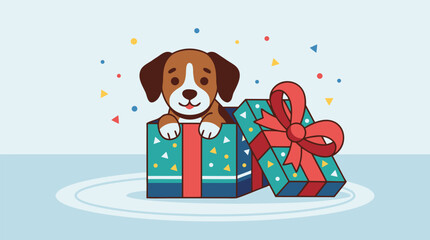 Adorable brown and white puppy dog peeking out from colorful gift box with red ribbon bow and festive confetti dots for birthday celebration surprise present holiday greeting © Ubaid