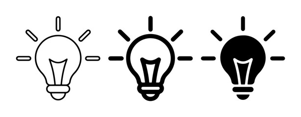 Light bulb icons, innovation and creativity symbols, representing ideas, inspiration, and solutions in simple line art and solid fill styles. © Shakil