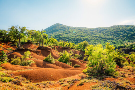 Red clay terrain Kokkinopilos Preveza near Preveza city, in Epirus region, Greece.