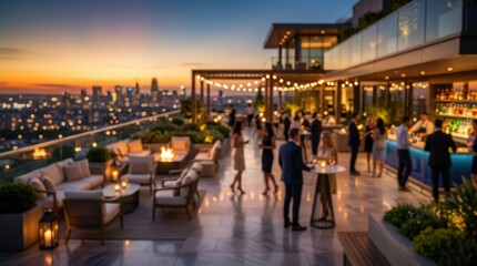 Obraz premium Rooftop bar social event luxury sunset city skyline lounge party bokeh background evening lifestyle networking terrace outdoor ambiance upscale gathering