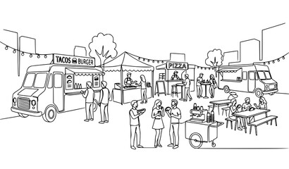 Obraz premium Street Food Festival Concept with Food Trucks Tents People Eating Outside and Market Stalls in Continuous Outline Vector Illustration Design