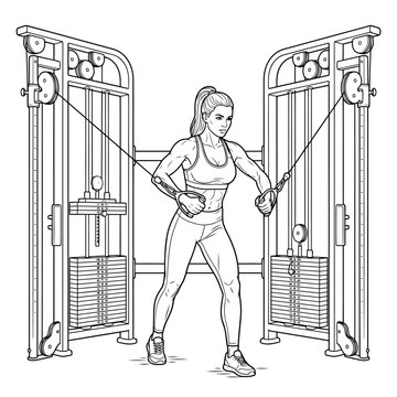 Woman Performing Standing Cable Crossover Chest Fly Exercise Line Art Vector Illustration