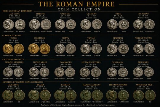 Roman Empire Coin Collection Poster Featuring Imperial Coins from Augustus to Antoninus Pius