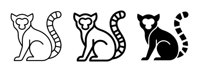 Lemur Icons Set: Outline, Filled Outline, and Solid Black Vector Graphics for Wildlife and Primate Themes © Tania