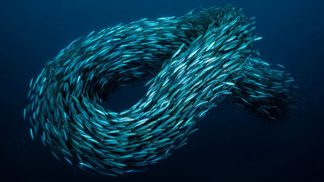 Large circular school of fish forming a bait ball in deep ocean waters