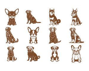 Fototapeta premium Seamless pattern with various brown dog breeds in silhouette style