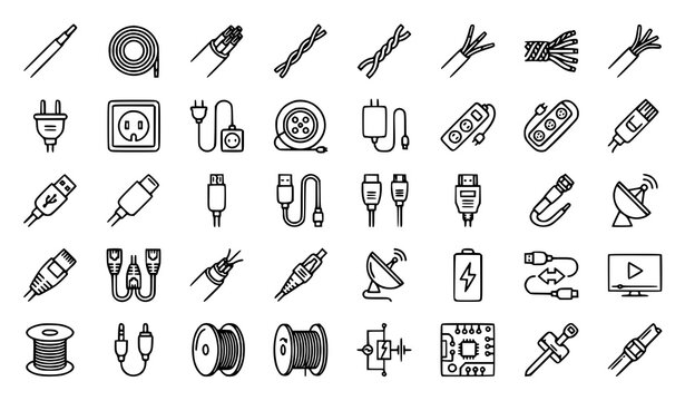 Electrical Wire and Network Cable Line Icon Set with Power Plugs Charging Sockets Extension Cords and Technology Connection Symbols for Electronic Device Designs