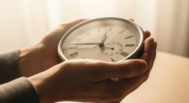 Human Hands Gently Holding a Vintage Analog Clock Face Showing Time