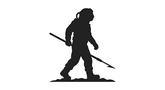 Silhouette of deep sea diver holding a harpoon