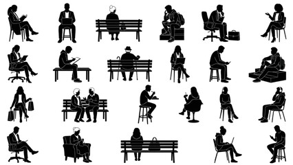 Obraz premium Architectural Sitting People Silhouette Collection with Office and Public Space Poses