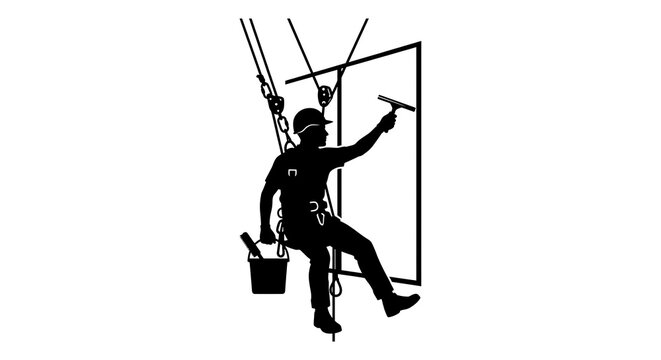 High rise window cleaner rappelling silhouette