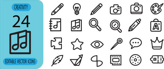 Creative Multimedia Icon Set Featuring Music Camera Design Art Communication Editable Outline Vector Collection for Web and Mobile Interfaces © Md
