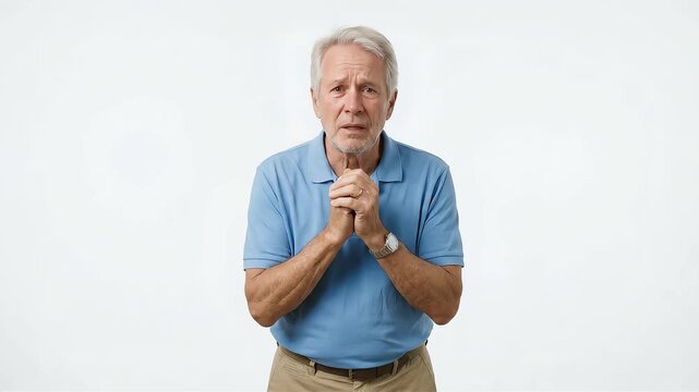 A senior man with a serious expression puts his hands together and apologizes profusely.