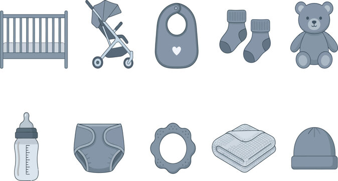 Minimalist parenting and baby care collection icons featuring nursery furniture stroller and essential supplies
