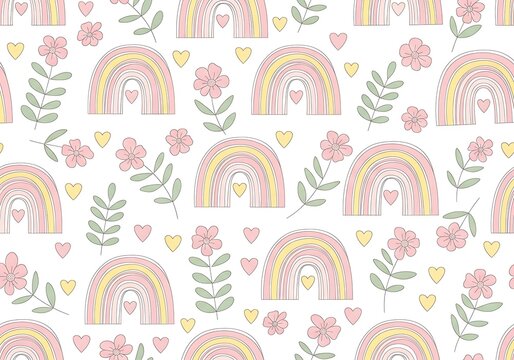 Pastel rainbow floral seamless pattern for children's products and whimsical design projects