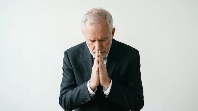A senior man clasps his hands together in front of his chest, bows deeply, and apologizes.