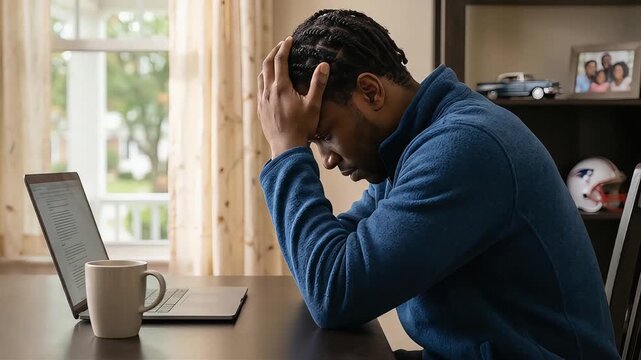 A man sits in front of his computer at home, holding his head in his hands, his face showing signs of stress.