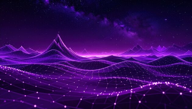 Abstract Digital Landscape with Purple Glowing Mountains and Stars