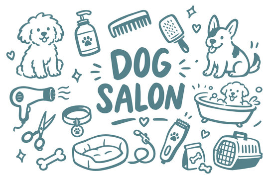 Dog Salon Grooming Set Naive Doodle Vector Illustration