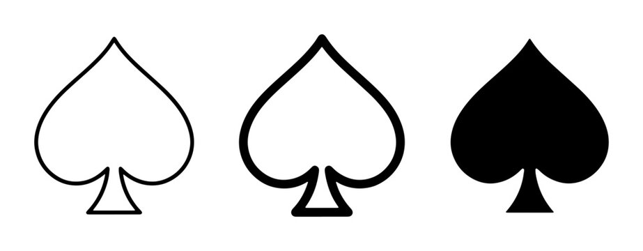 Spade Card Suits Vector Icons: Outline, Filled Outline, and Solid Black Variations for Gaming and Design