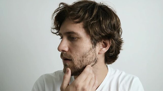 A young white man turns to the side with a serious expression, touching the beard on his neck and chin.