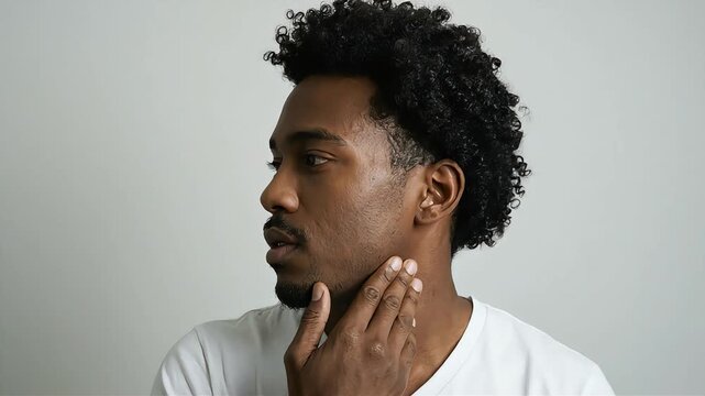 A portrait of a young Black man looking to the side with a serious expression, touching his beard.