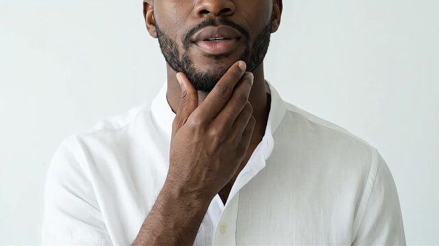 A Black man wearing a white shirt checks the texture of his skin from his chin to his neck and the condition of his beard.