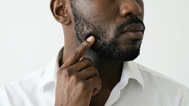 A close-up of the mouth of a Black man in a white shirt as he carefully checks the feel of his chin and beard with his fingertips.