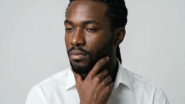 A dreadlocked Black man rests his hand on his chin, gazing intently to the side, deep in thought.