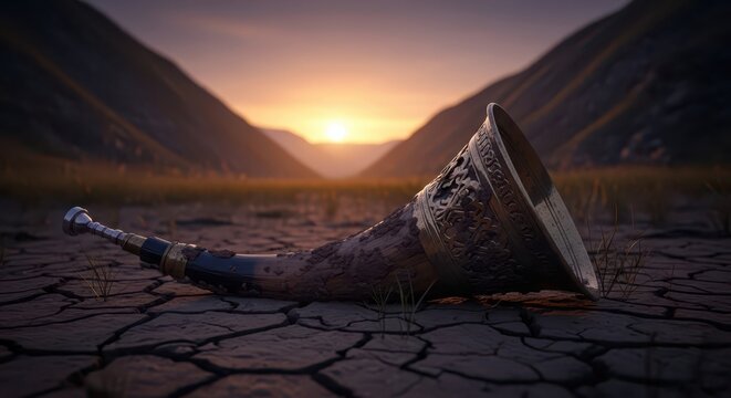 Mud Splattered Ancient War Horn Lies on Cracked Earth During Sunset