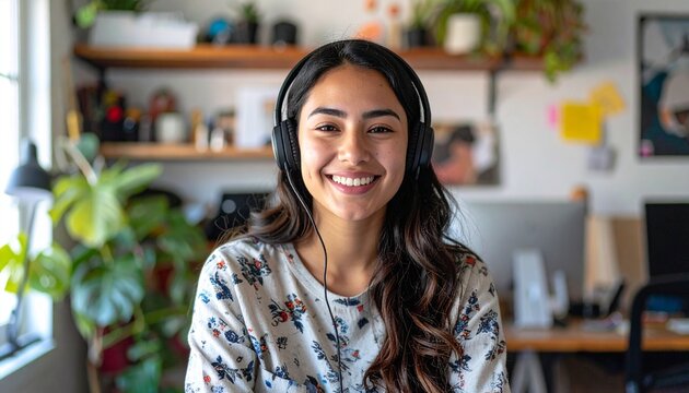 Young Woman on Video Call in Modern Home Office in Casual Setting