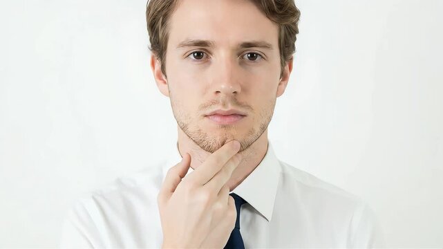 A man checks the condition of his skin and beard by placing his fingers on his chin.