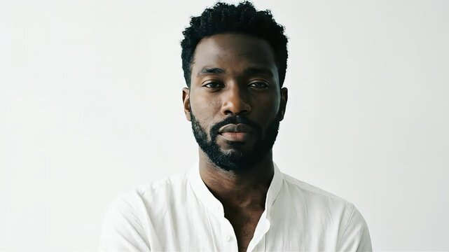 A bearded man with his hand on his chin looks intently at the camera.