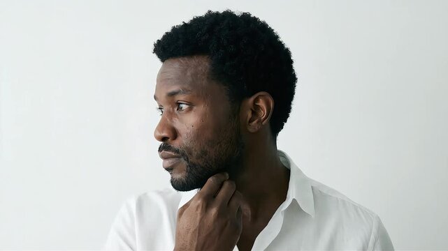 A man touches his face and beard to check them, as if looking in a mirror.