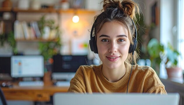 Young Woman on Video Call in Modern Home Office in Casual Setting