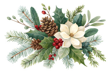 Obraz premium Christmas Botanical Arrangement: A festive watercolor composition featuring evergreen branches, holly leaves, pinecones, and a delicate magnolia flower, evoking the spirit of the holiday season.