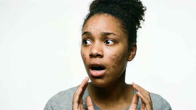 The expression of a young woman who is surprised and shocked by acne and skin problems.